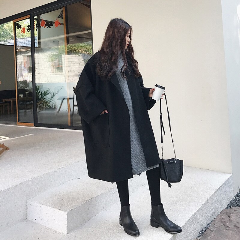 Manteau Oversize femme automne femmes manteau de laine grande poche femme Camel manteau dames longue décontracté grande taille manteau noir: Black / 4XL