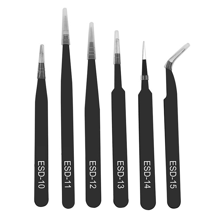 6pcs Anti-static ESD Stainless Steel Tweezers Maintenance Tools Industrial Precision Curved Straight Tweezers Repair Tools