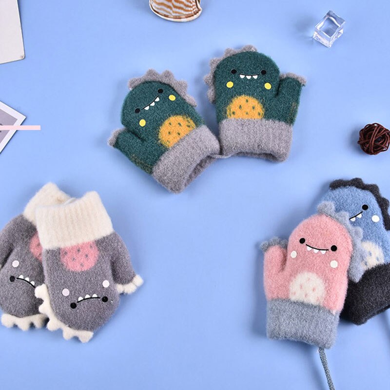Manoplas de piel de conejo para niños, mitones de punto gruesos y cálidos para bebés de 1 a 6 años, guante de invierno con cuello colgante, guantes suaves para bebés