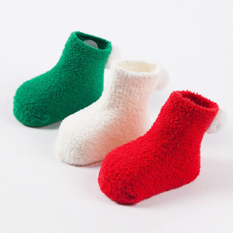 3 paire/lot hiver -né bébé chaussettes corail polaire bébé garçon fille chaussettes avec pompon couleur unie infantile chaussettes: style 1