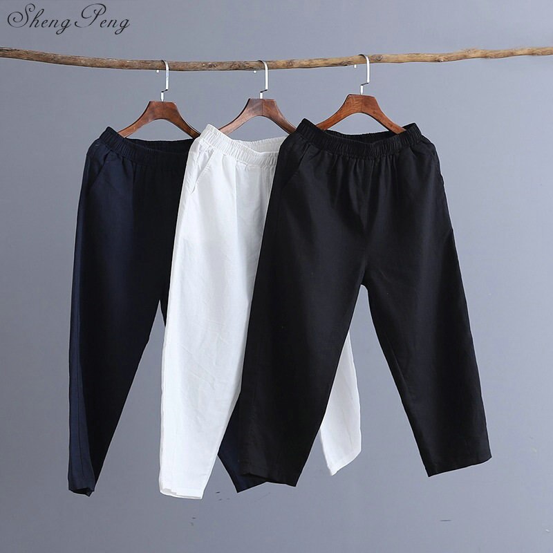 Pantalones bombachos elegantes de lino y algodón para mujer, pantalón de trabajo de cintura elástica con bolsillos, informales, color sólido, talla grande, Q755