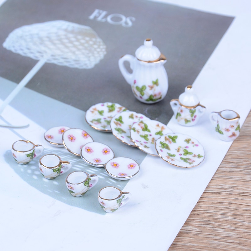 15 stk lilla blomster kina dukker keramiske te sæt 1:12 skala til dukkehus bordservice miniaturemøbler