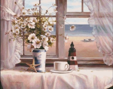 Bovenste kruissteekpakket vensterbank madeliefje bloem raam pagode zee zeester