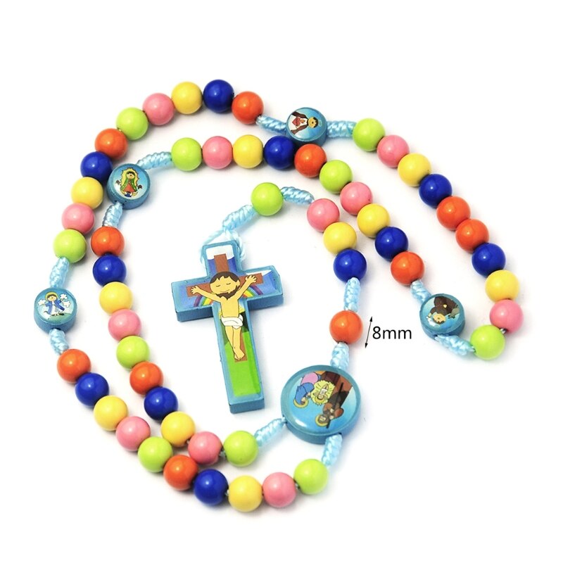 Cross,Cartoon Jezus Kruis Hanger Ketting Rozenkrans Kralen Katholieke Kettingen Kinderen Kid Meisjes Religieuze Sieraden