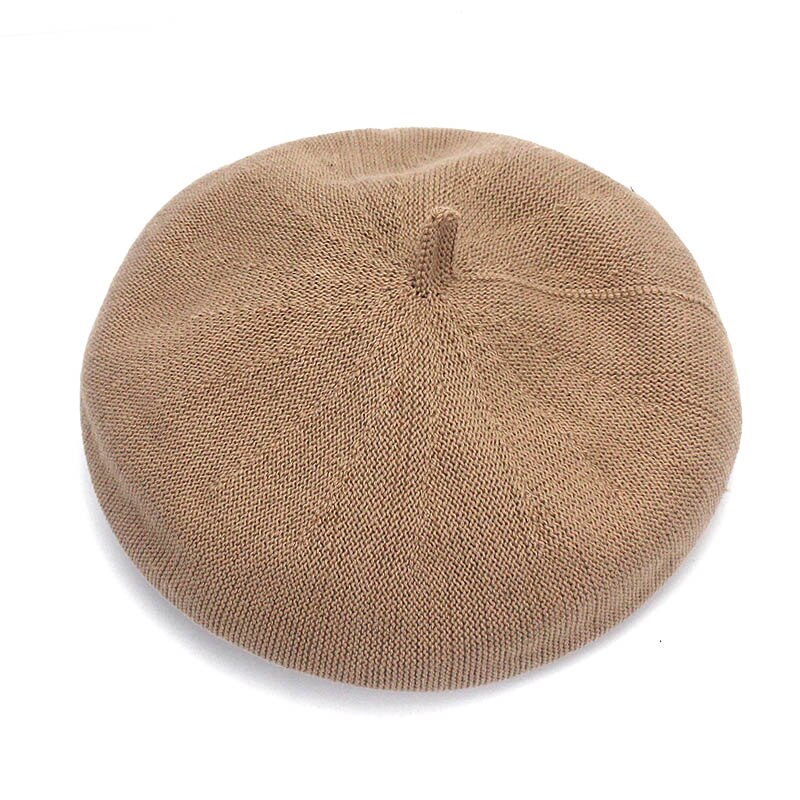Forår og sommer åndbar hat damer bomuld og linned ensfarvet baret fransk kunstner strikket baret: Khaki
