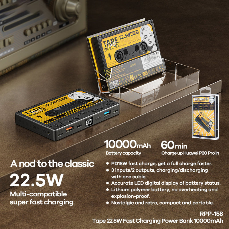 Remax-Batería Externa de 10000mAh PD18W + QC22.5W, Mini pantalla Digital Retro, Powerbank de carga rápida para teléfono, cargador portátil