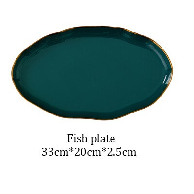Grön keramik böjd kant guldkant tallrikar matfat nordisk stil retro porslin servis skål middagsskålar servis: Fisk tallrik