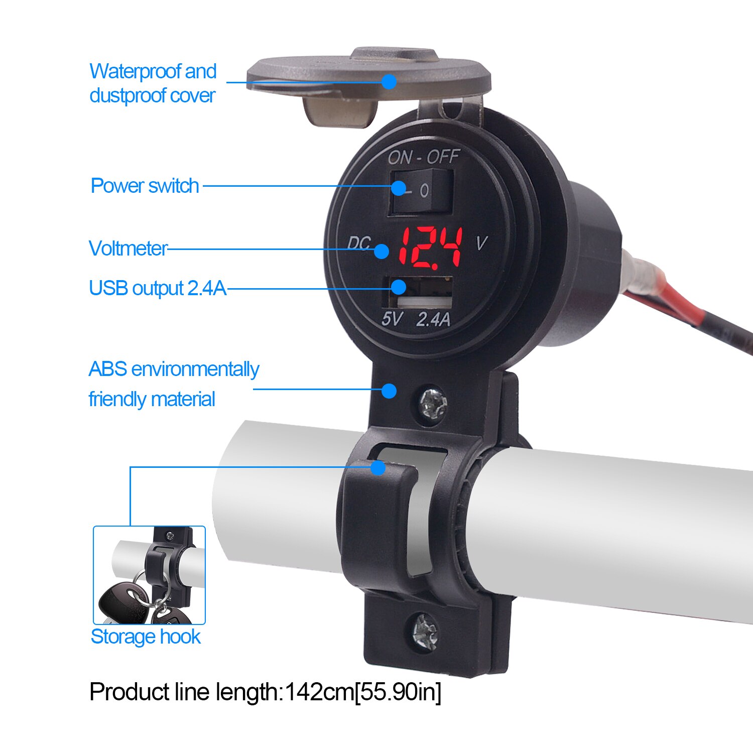 Motorcycle USB Charger Cover 2.4A with Switch USB Voltmeter for Motorcycle Auto Truck ATV Boat with fixed bracket charger
