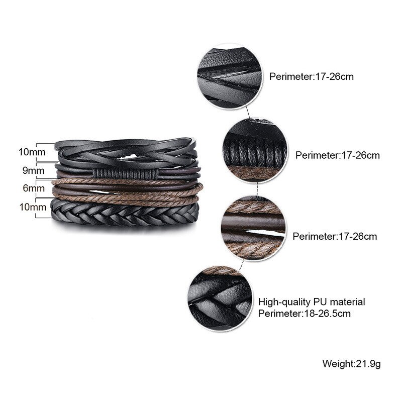 ZORCVENS 4 pieces/ Set Leather Bracelets for Men Braided Rope Wristband Vintage Style Male Bangle