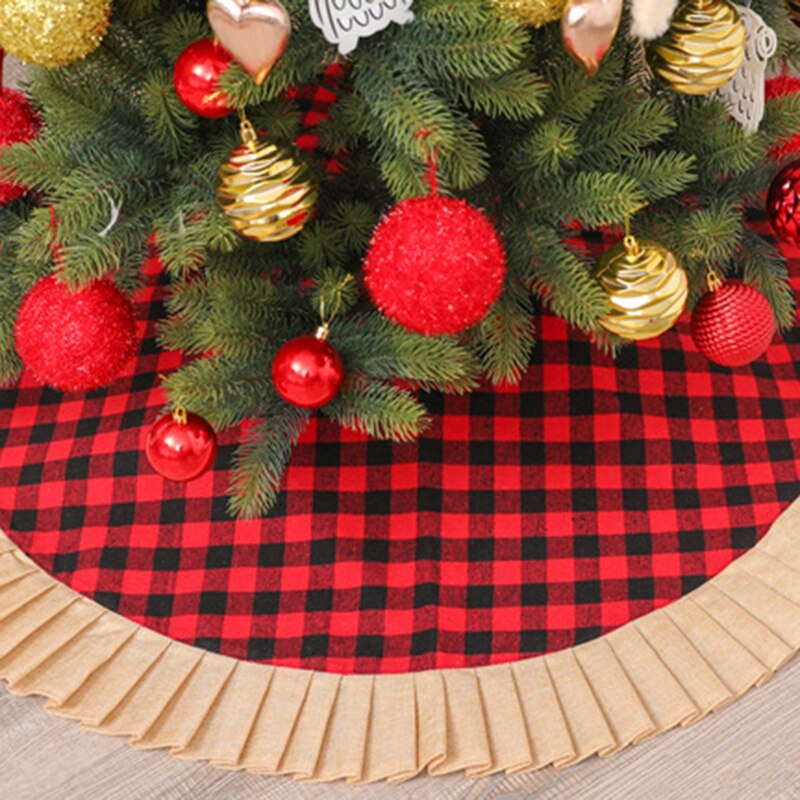 Jupe d&#39;arbre plissée en tissu écossais noir et rouge, ornements de noël, 48 pouces, bas de jupe d&#39;arbre de noël
