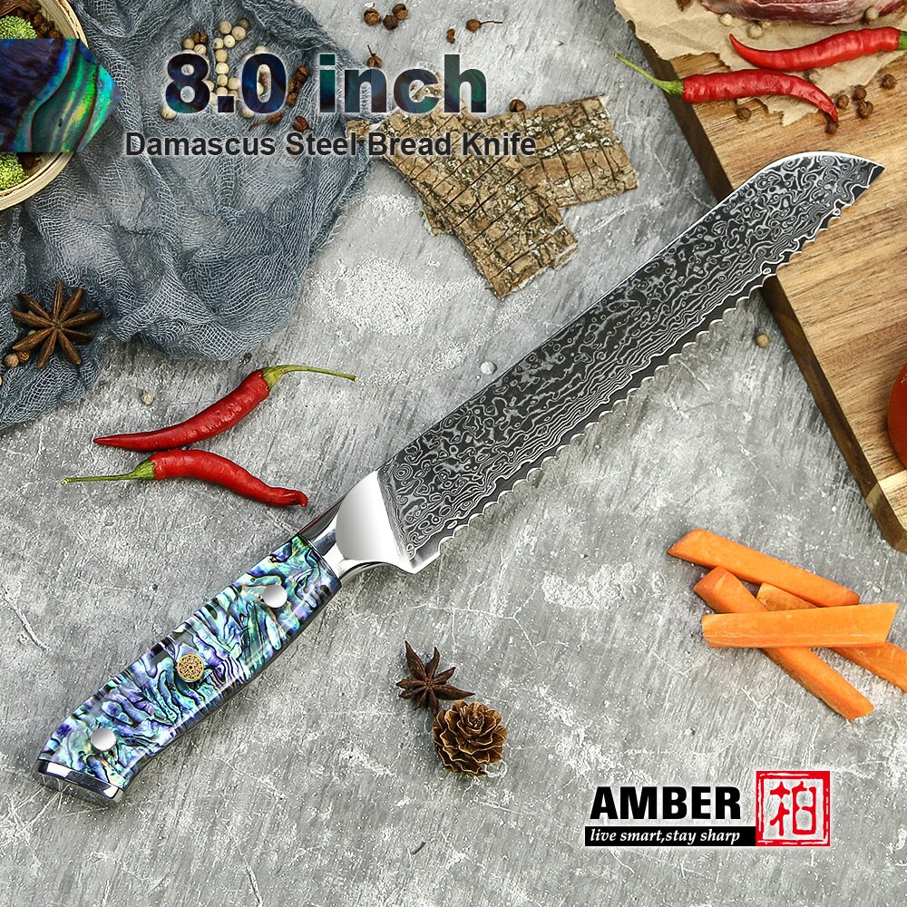 Amber Damascus Mes Professionele Keuken Chef Utility Santoku Steak Uitbenen Cleaver Messen Japanse Mes Abalone Shell Handvat: Bread