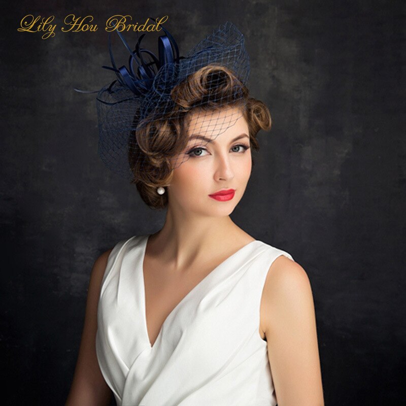 Navy Blue Wedding Hats Bridal Headpiece with Veil Handmade Birdcage for Evening Party