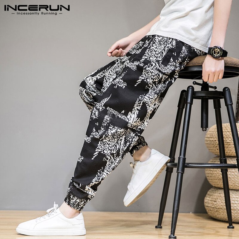 Incerun moda masculina impresso harem calças casual bolsos soltos joggers cintura elástica pantalon 2020 calças drop-virilha streetwear