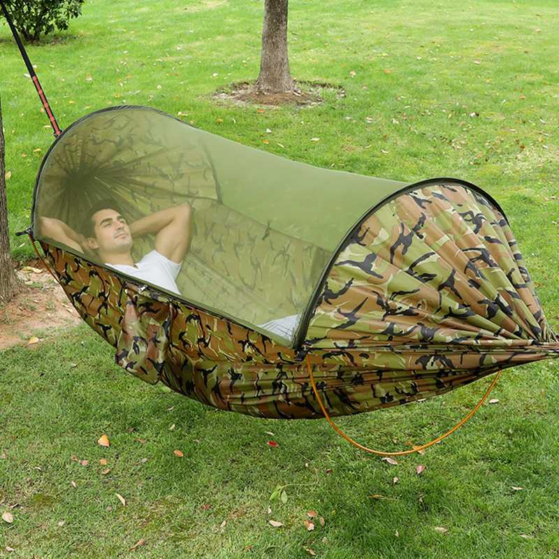 Dobbelt hængekøje telt 210t nylon vandtæt udendørs camping myggenet hængekøje automatisk hurtig åben pop-up bærbar hængekøje: Camouflage