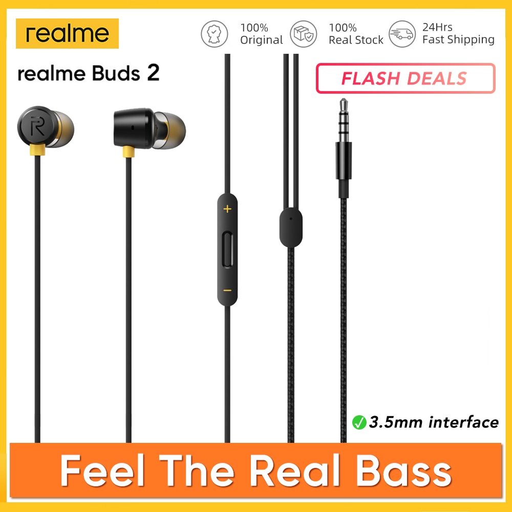 Realme Knoppen 2 Zwart 11.2Mm Bass Boost Driver Dual Built Magneten 3.5 Mm Wired Oortelefoon Sport Muziek games Geen Vertraging Hoofdtelefoon
