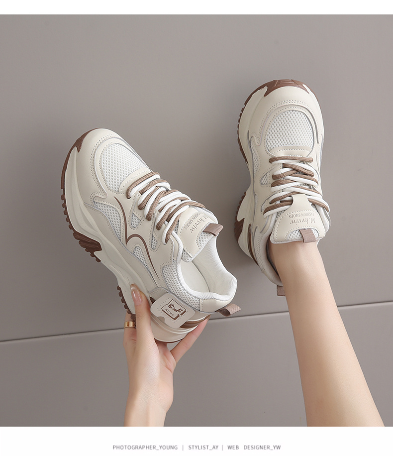 Scarpe da ginnastica bianche moda donna primavera scarpe sportive con suola spessa scarpe da tennis moda donna 2025 scarpe firmate leggere: Cachi / 39