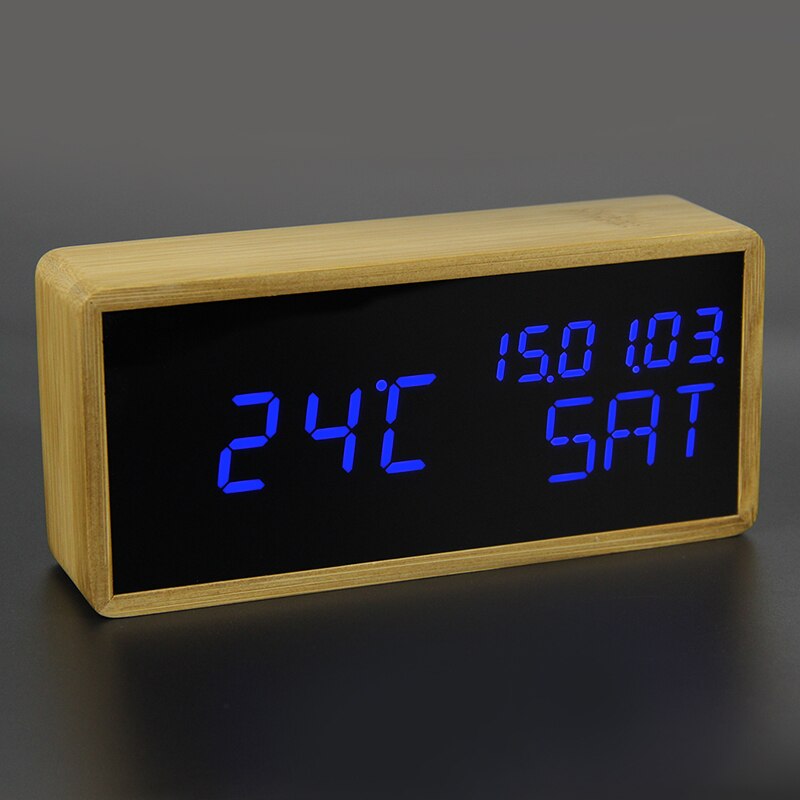100% Bamboo Digital Alarm Clock Wooden LED Table Clock Electronic Despertador Desk Brightness Voice Snooze Control Temperature: 88-Blue