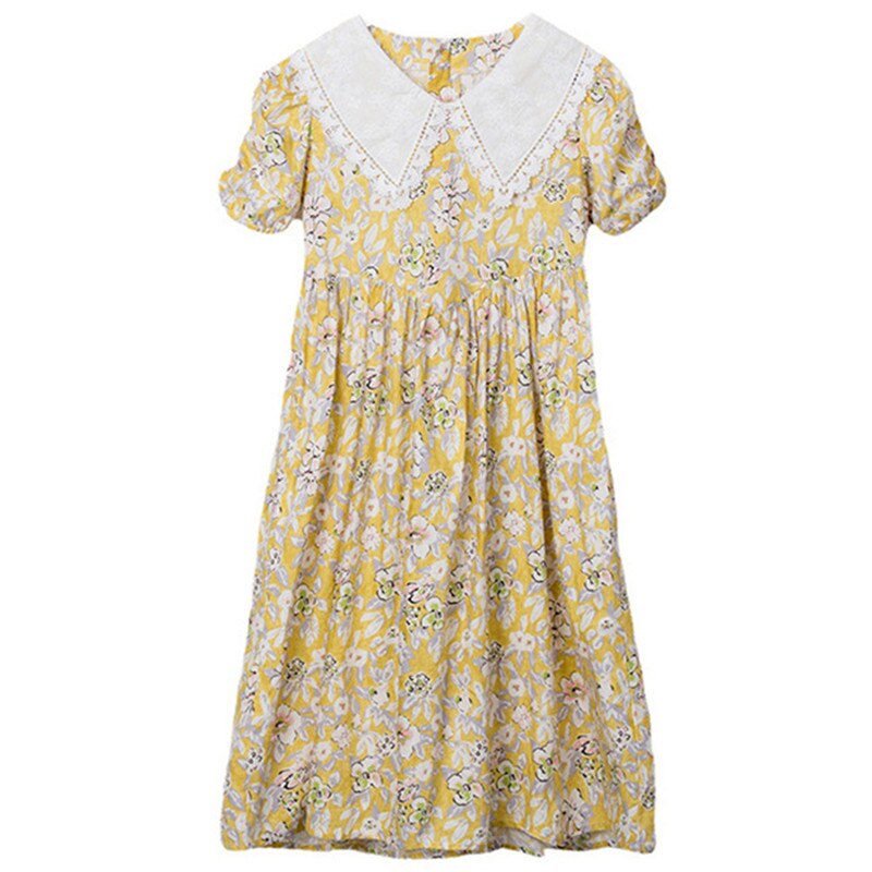 4 Tot 14 Jaar Kinderen Tiener Meisjes Zomer Bloemenprint Katoen Casual Flare Midi Jurk Kind Meisje Kanten Kraag Mode jurken TB1153