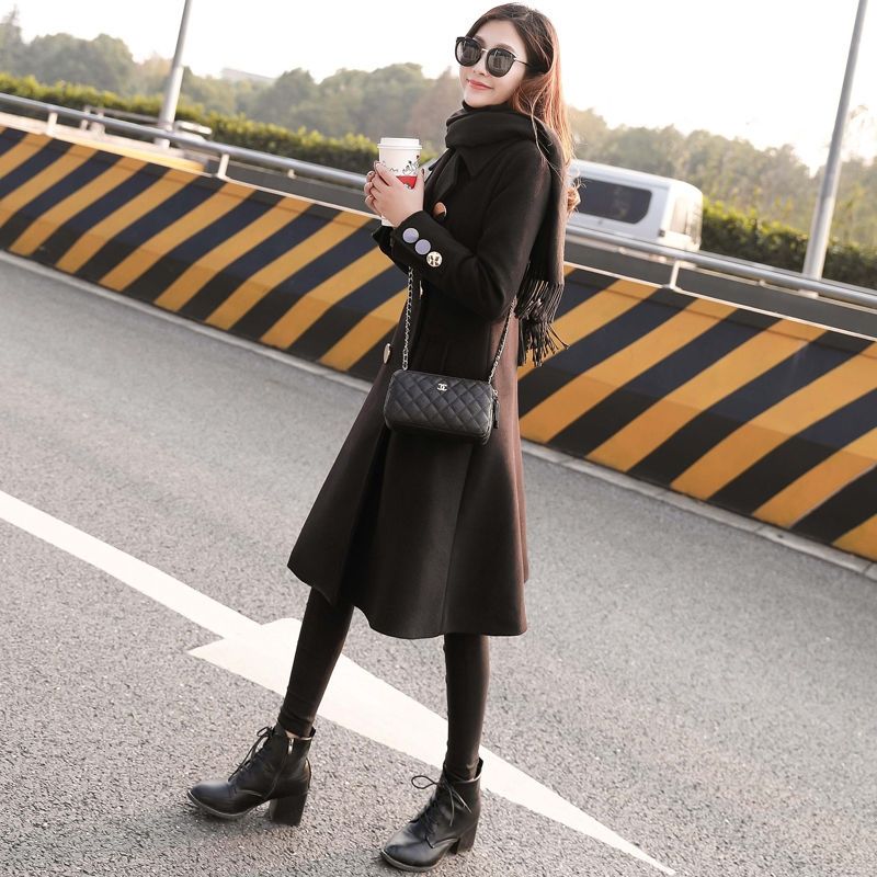 abrigo de lana negro coreano para mujeres otoño invierno largo ajustado abotonado prendas de vestir chaqueta de abrigo de lana femenina Y600