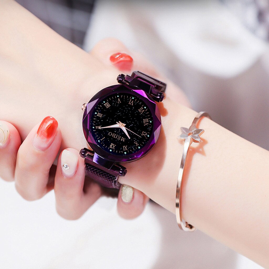 Luxe Horloges Vrouwen Sterrenhemel Platte Glas Zegarek Quartz Horloge Klok Mujer Mesh Met Magnetische Gesp Dames Horloge