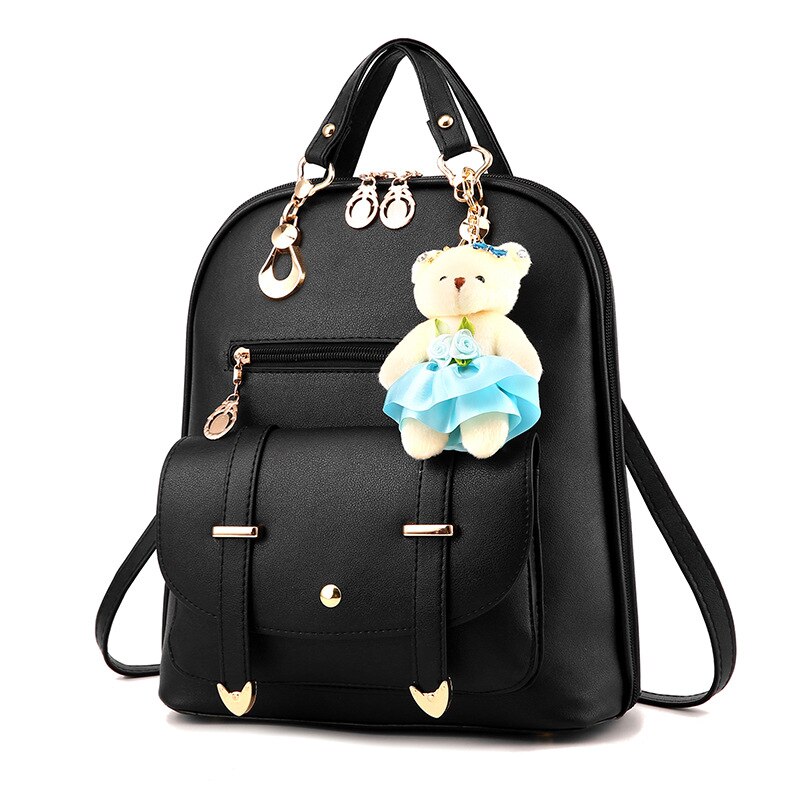 DIOMO Women Backpack Casual Cute for Girl School Bag Pu Leather Bear Pendant Multi-color Optional: Black