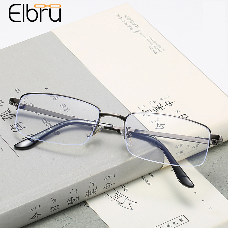 Elbru-gafas miopes cuadradas para hombre, anteojos de negocios semimontura, antiluz azul, miopía, ultraligeros, de Metal, transparentes