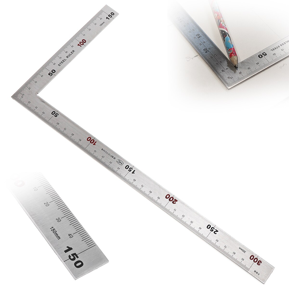 Double-sided Scale Right Angle Ruler Stainless Steel 150 x 300mm 90 Degree Angle Metric Rulers Measuring Tools: 150x300mm
