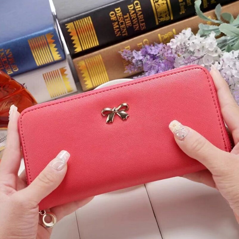 Porte-monnaie en cuir PU, porte-monnaie à grande capacité, solide, Long Style, porte-monnaie carte à glissière avec nœud papillon: Rose Red