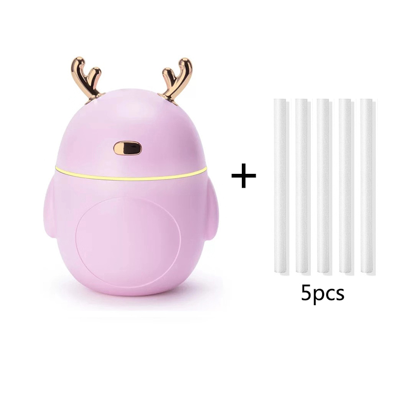 320 Ml Draagbare Herten Luchtbevochtiger Aroma Essentiële Olie Diffuser Ultrasone Mist Led Nachtlampje Luchtbevochtiger Fogger Kerstcadeau: Pink and 5 filter