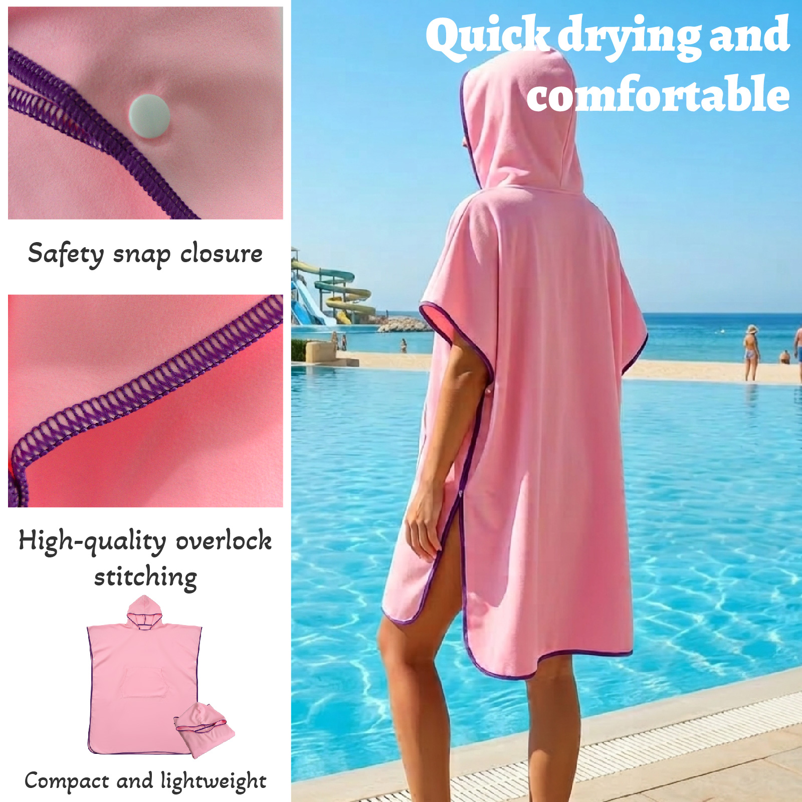 Grijze snel drogende strandponcho, lichtgewicht oversized badjas met zakken, surfhanddoek, omslagdoek, zonnedeken