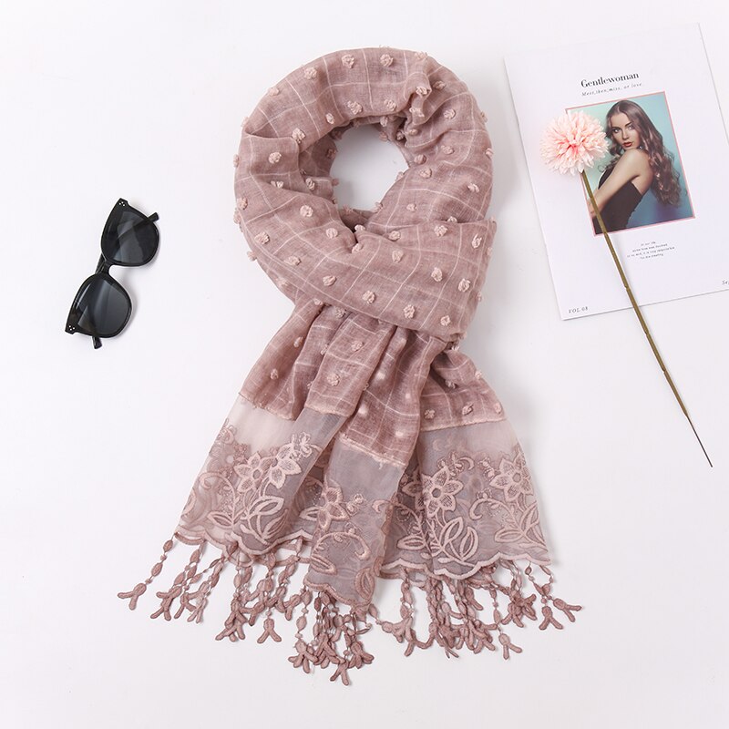 plaine Pom coton écharpe Plaid gland dentelle brodé coton foulards femmes musulman Hijab étoles femme bandeau à fleurs 1PC: 9