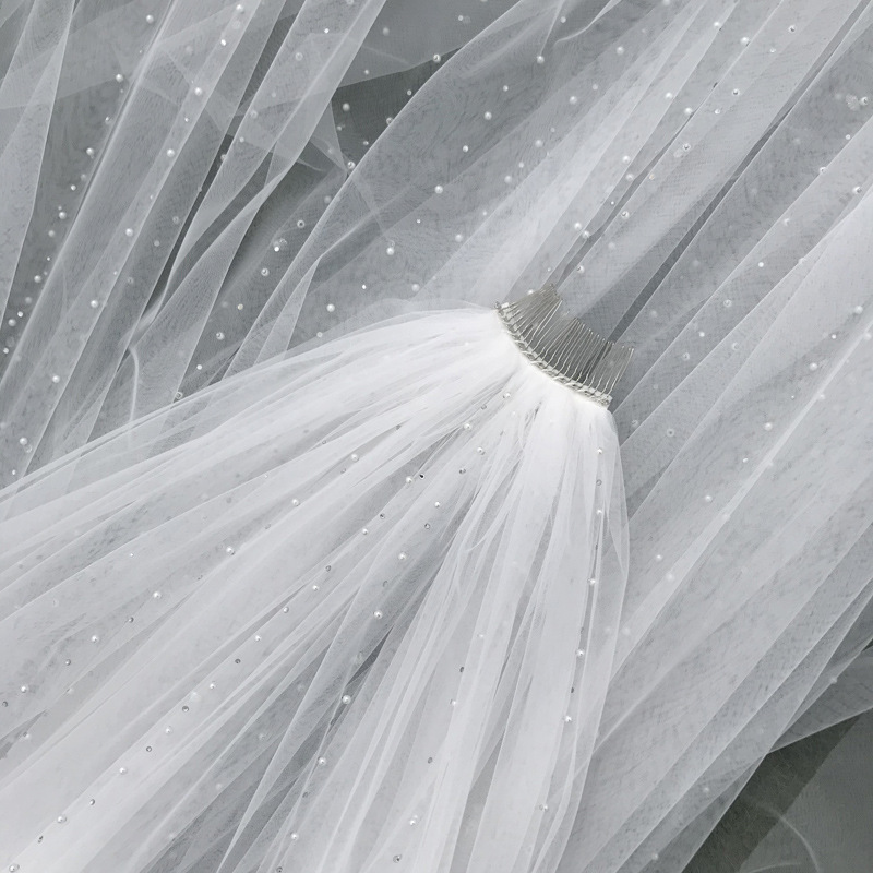 Prawdziwe zdjęcia perły i kryształy welon slubny błyszczący brokat welon ślubny szeroki welon katedralny Wykonany ręcznie Accessaries veli da sosa