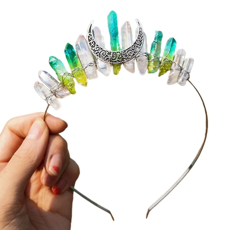 Handmade Faux Raw Crystal Headband Quartz Black Moon Bridal Alloy Tiara Crown Ladies Wedding Party Bridal Jewely Headdress: 8