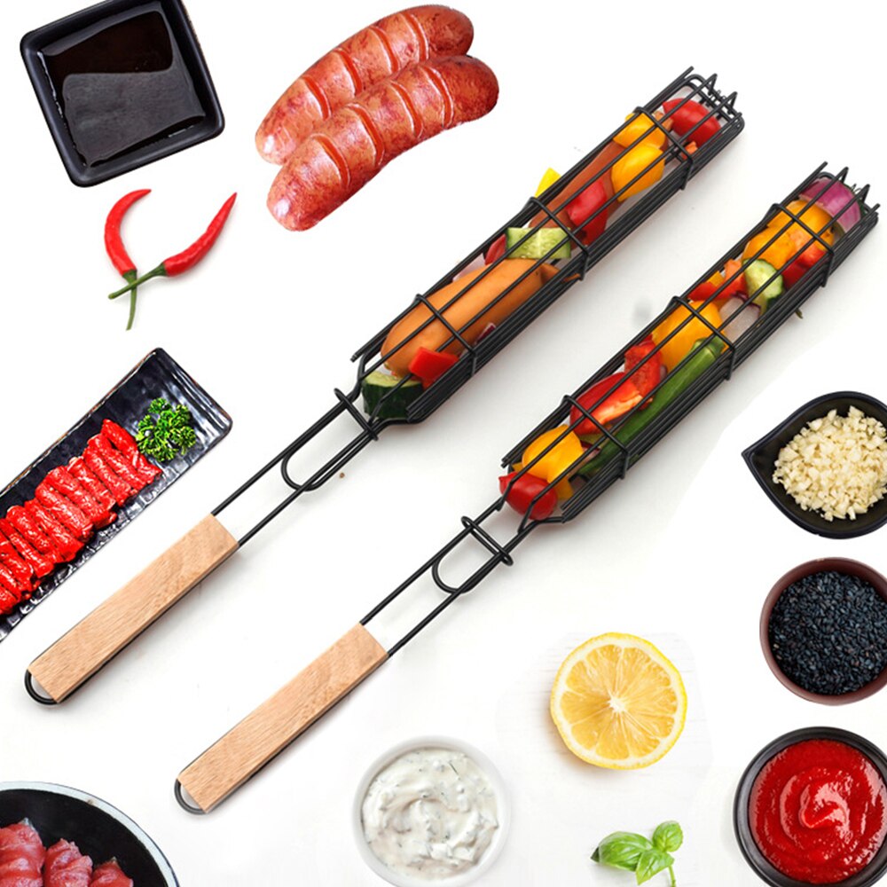 BBQ Grill Mesh Stainless Steel Barbecue Grilling Basket Portable Fish Grilling Mesh Barbecue Basket BBQ Tool Kitchen Accessories