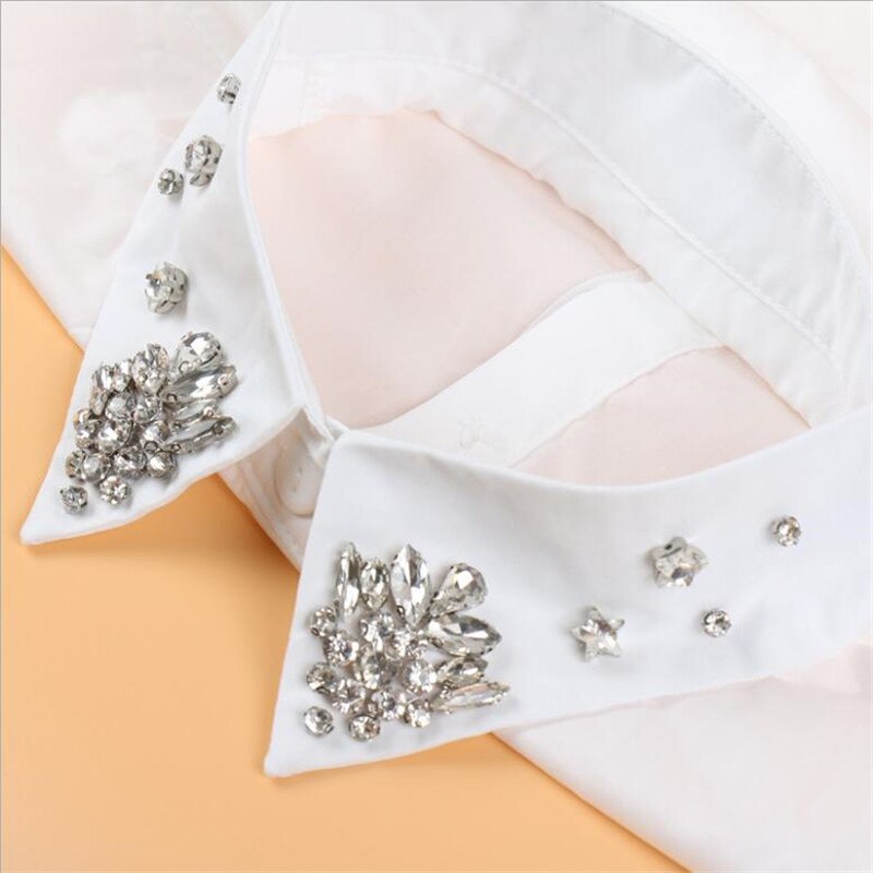 Women Rhinestone Collar White Cotton Crystal Beading Collars Bib Detachable Shirt Collars for woman's sweater girls