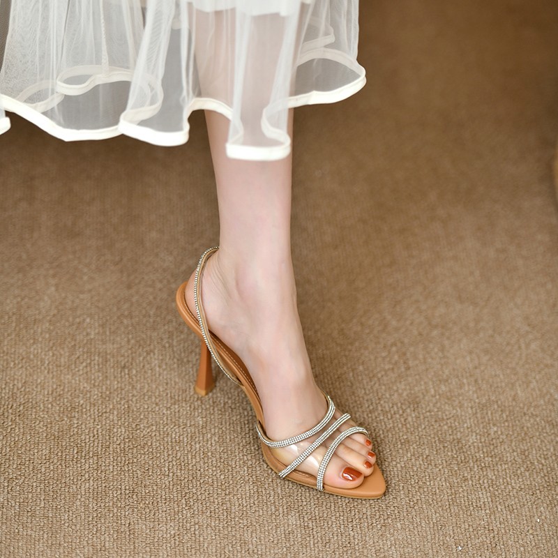 Kvinder sommer rhinsten slingback pumps kontordame transparente hæle sandaler spidse tå sexede høje hæle