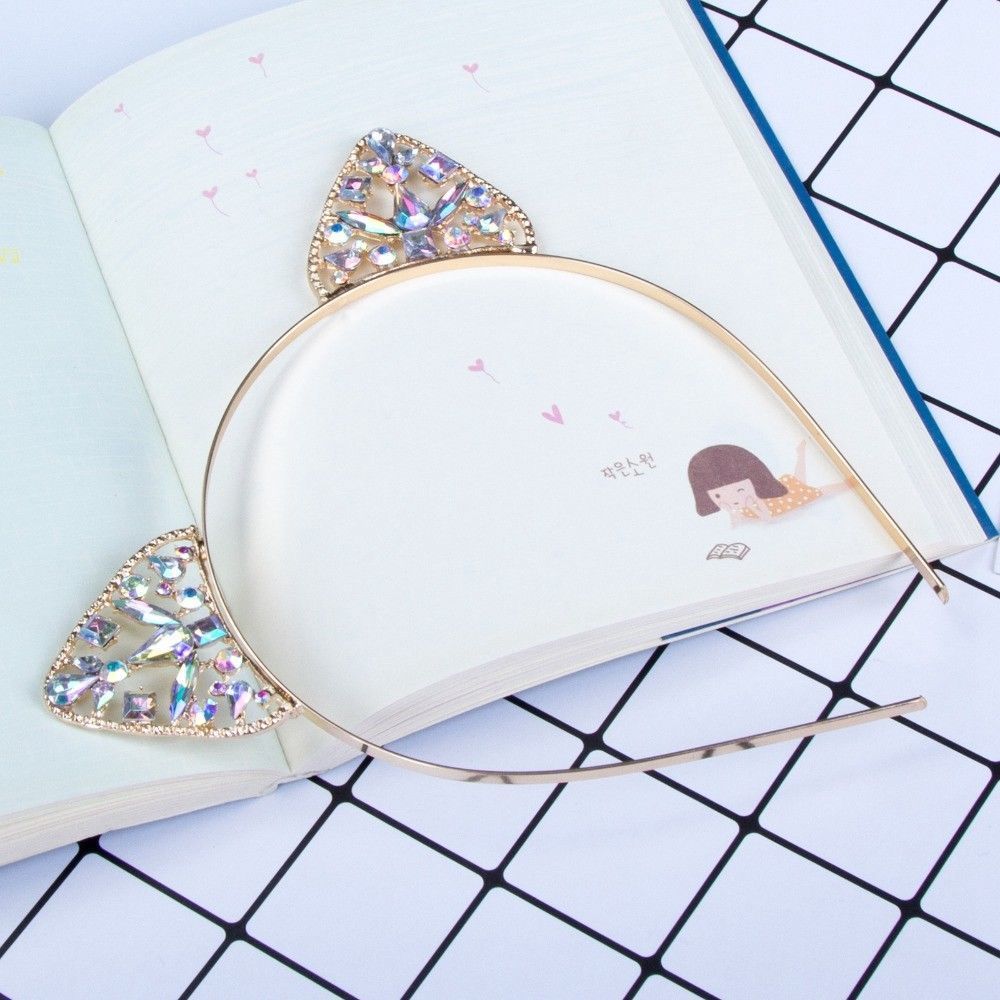 Diadema con orejas de gato para niñas y niños, diadema de Metal con diamantes de imitación, disfraz de Cosplay