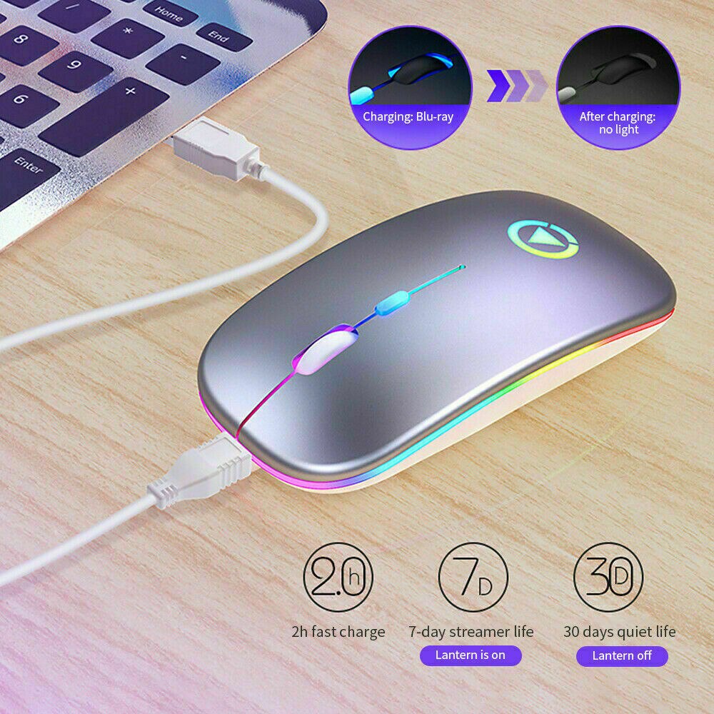 Ultra-thin LED Light Rechargeable & Battery Mouse 2.4GHz Digital Wireless Mute USB Optical Ergonomic Game Mouse Laptop Computer
