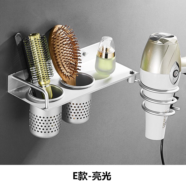 Gold Hair Dryer Holder Space Aluminium Bathroom Wall Shelf Hair Dryer Rack with Basket bathroom shelves Bathroom Accessories: E-sliver