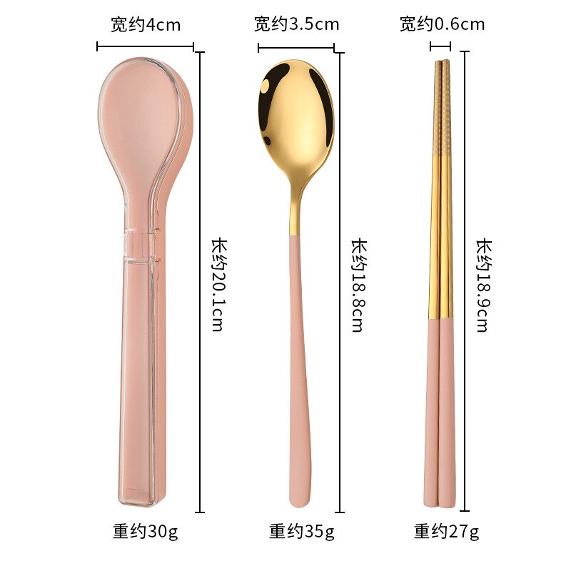 304 Stainless Steel Chopsticks Spoon Set Cutlery Set Flatware Set Tableware Soup Spoon Portable Cultery With Box: Pink-Gold