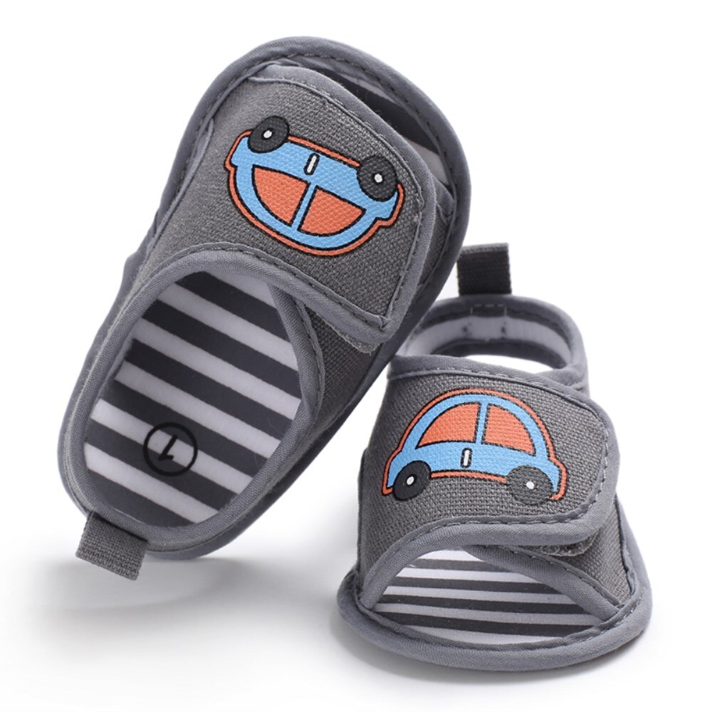 Pudcoco Newborn Baby Boys Girls Summer Sandals Cute Cartoon Car Print Soft Sole Crib Shoes Clogs Toddler Prewalker Sandals Shoes: Gray / 13-18 Months