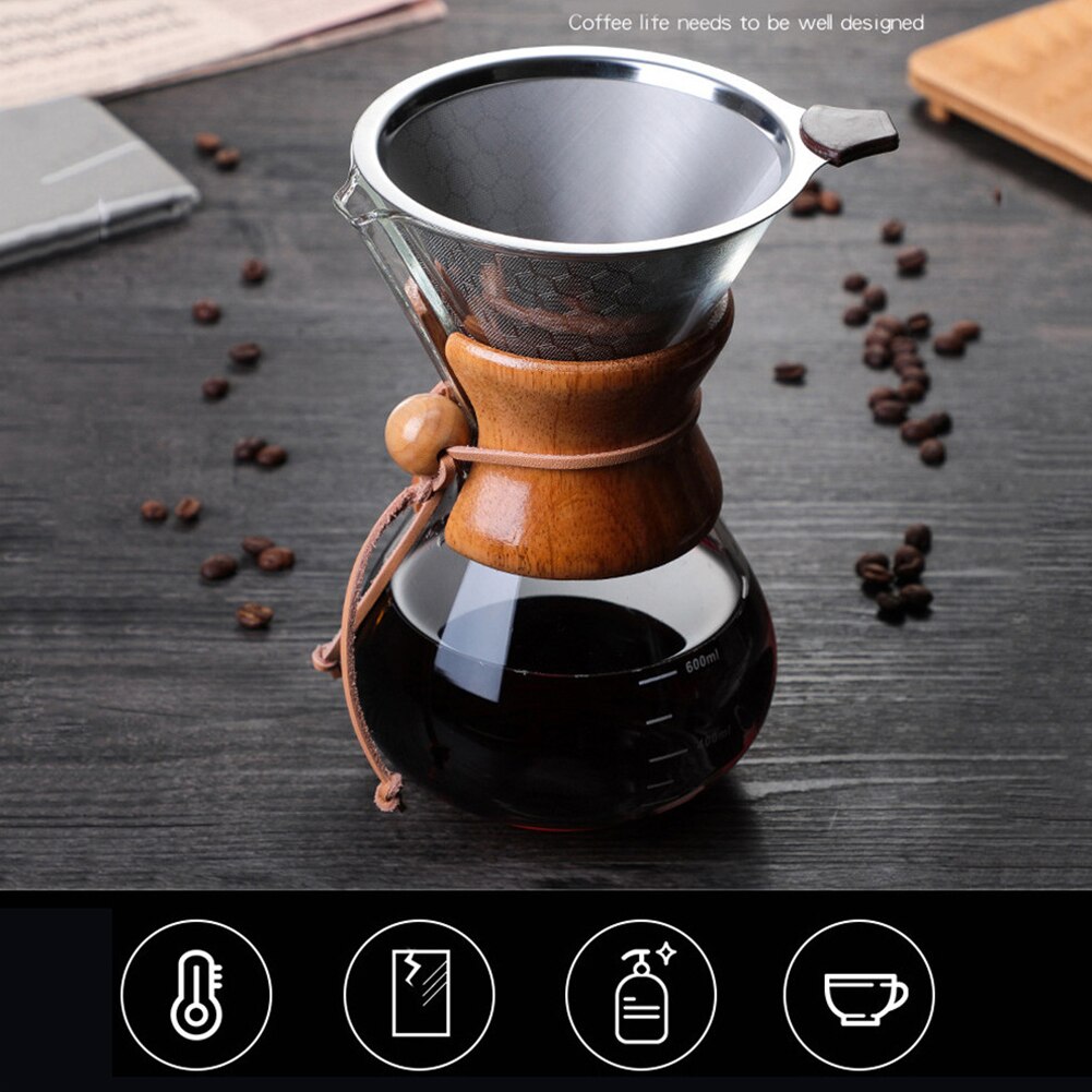 Pour Over Coffee Maker Glass Carafe And Reusable Stainless Steel Permanent Filter Manual Coffee Dripper With Real Wooden Sleeve