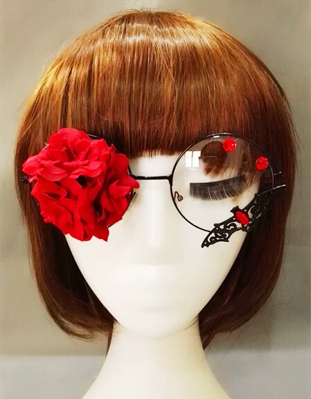 Mode Lolit Japanse Mori Meisjes Vintage Ronde Rode Bloem Rose Vleermuis Bril Eyewear Metalen Frame Lolita Bril Accessoire