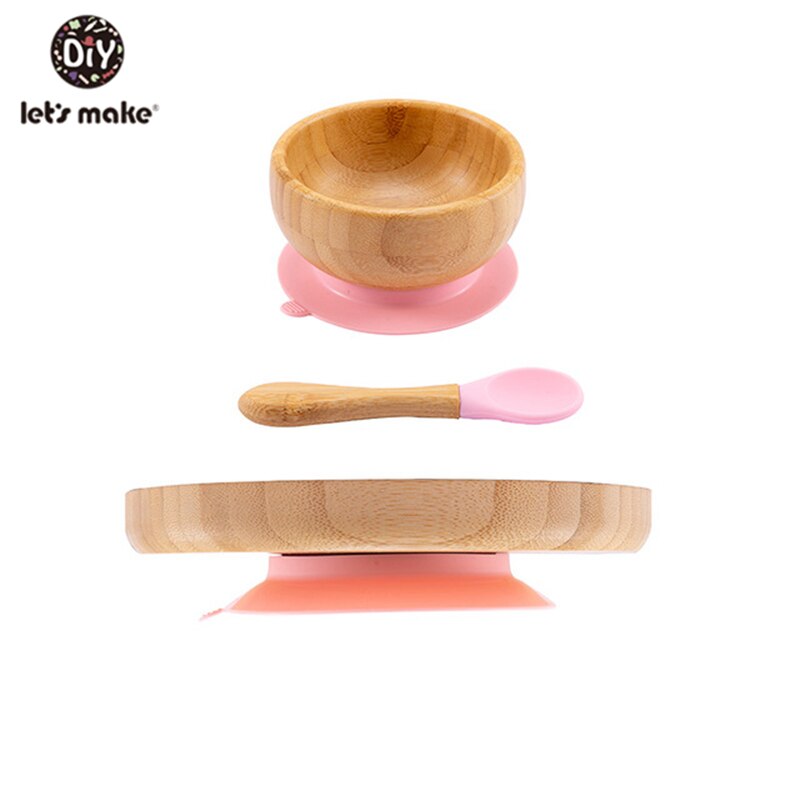 1set Baby Feeding Bamboo Bowl With Spill Proof Silicone Spoon Baby Dinner Plate Feeding Dinnerware Toddler Infant Tableware Set: pink 3set