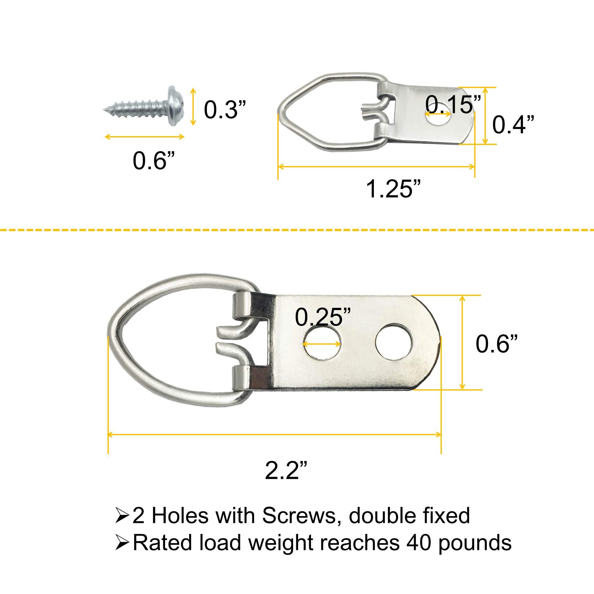 Kit de ganchos de anillo en D de dos formas, 60 piezas, perchas de doble agujero con tornillos, Premium, marco de obra de arte para fotos y pintura colgante
