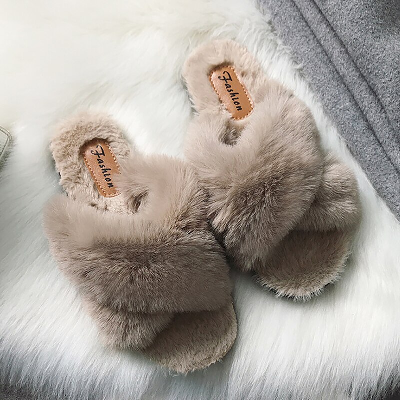 Hjemmesko kvinder varm vinter fluffy pels hus rutsjebaner sko damer blødt plys fladt soveværelse hjem kvinder hjemmesko indendørs: Grå / 6