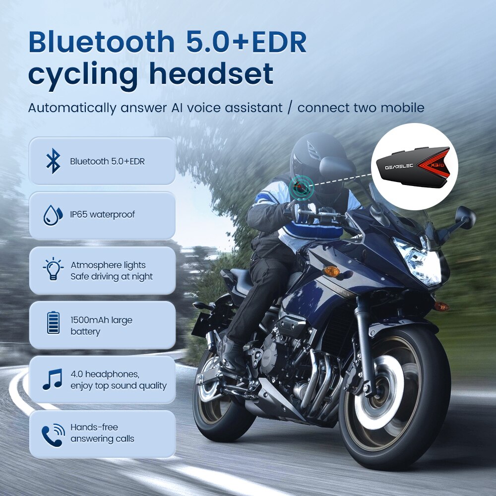 GEARELEC X3 Motorcycle Helmet Headset Wireless Bluetooth Earphones IP65 Waterproof Noise Reduction Supports Hands Free Call