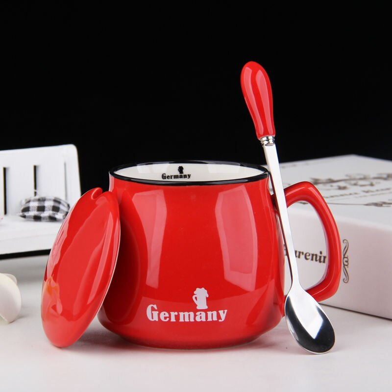 400ml Color Cartoon Ceramics Mug With Spoon Heat Resistant Coffee Milk Tea Mugs Breakfast Cup Drinkware Novelty: red