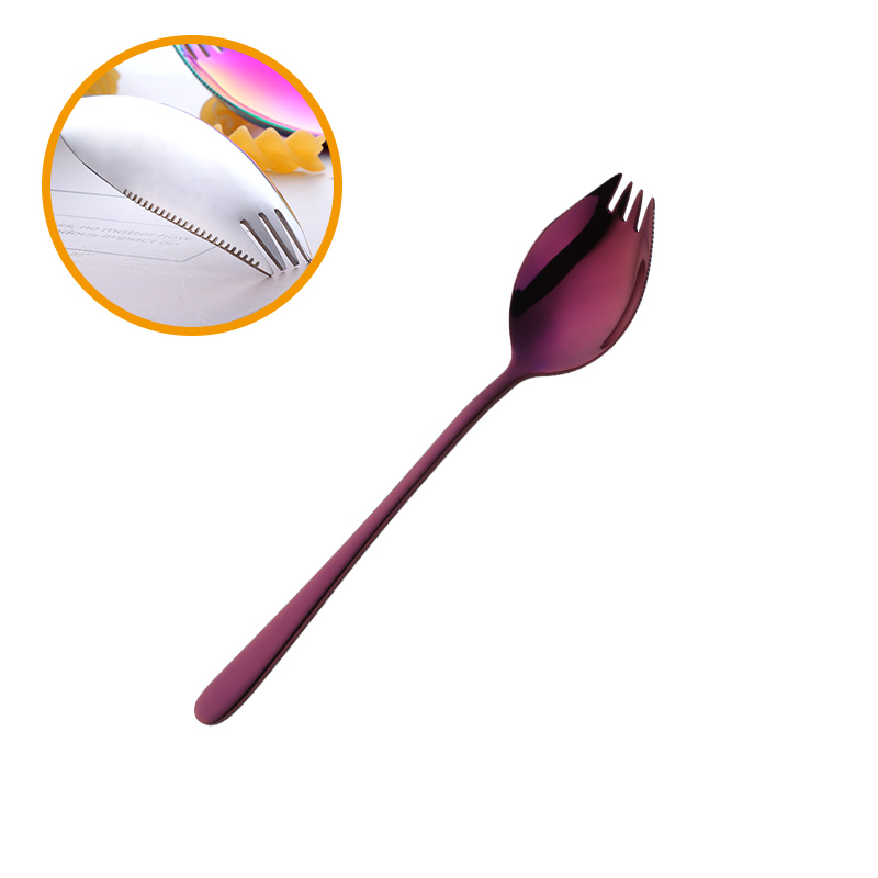 Ske gaffel genanvendelig langt håndtag salat ske rustfrit stål 3 in 1 dessert gaffel skeer servise: Lilla