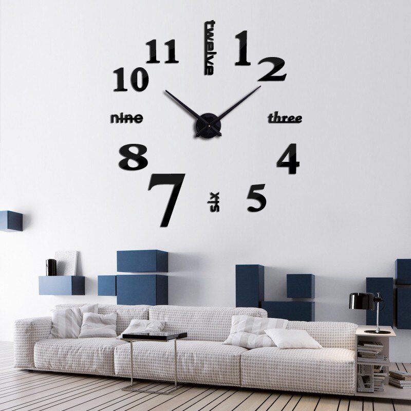 DIY 3D digital watch wall clocks Quartz large mirrored wall clock living room Modern Unique Numbers home decor: Black 47inch